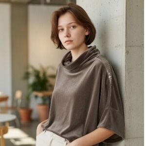 DEHA Harmonic Women's Taupe Velvet Cowl Neck Sequin Sleeve Poncho Top L